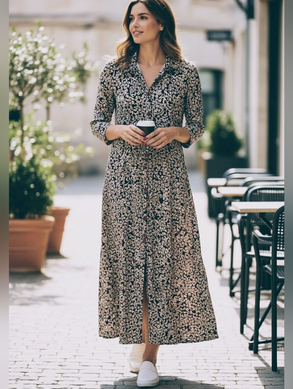 Bisou Bisou Black and Cream Button-Front Long Sleeve Midi Dress